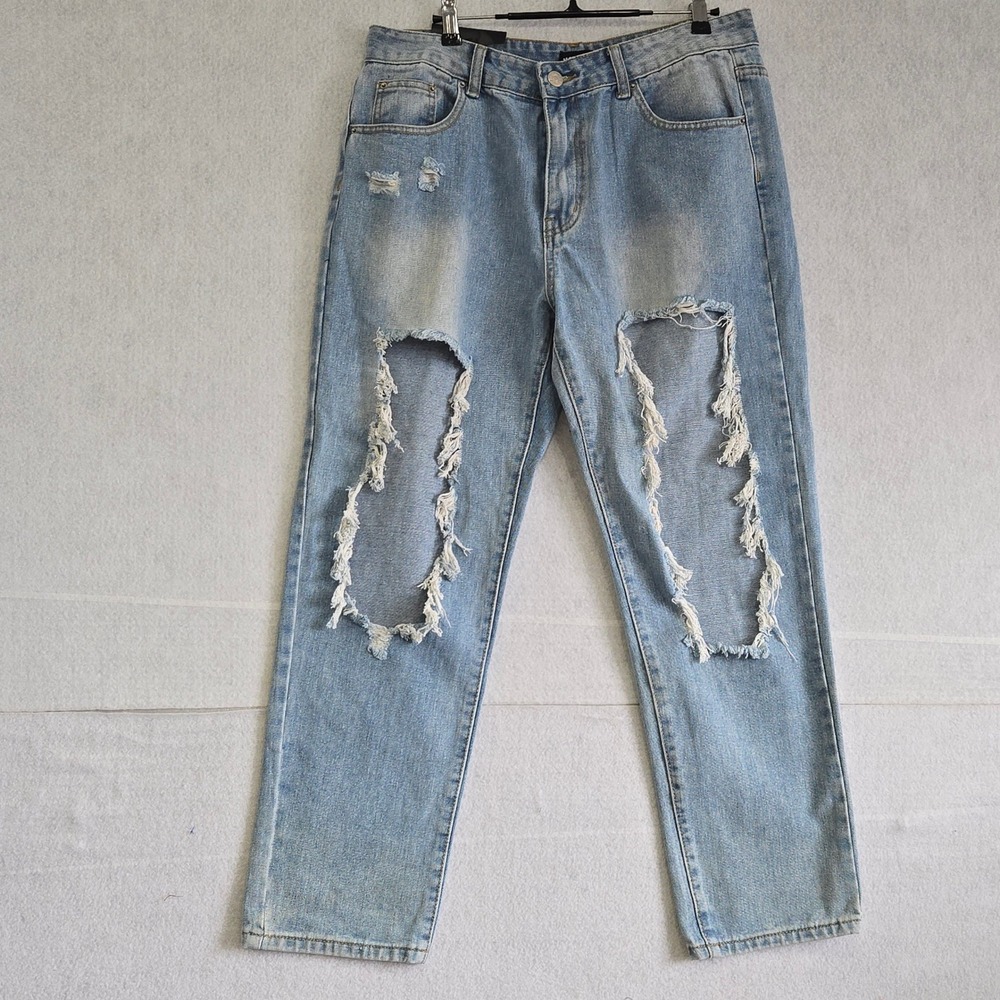 Momokrom Light Wash Distressed Ripped Straight Leg Jeans W29 UK 14 EU 42 B409